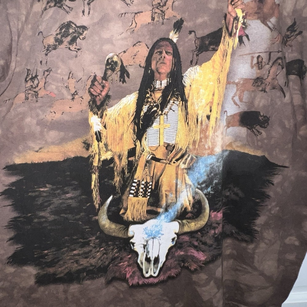 Vtg 1999 The Mountain Native American Print Tie Dye T-Shirt Made In USA Brown L